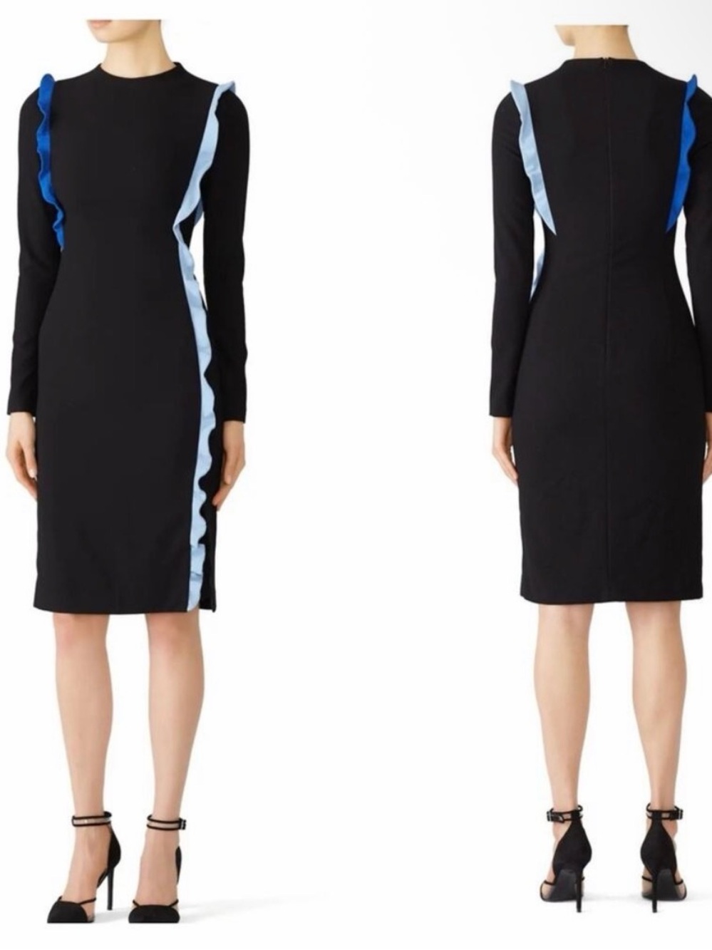 Black Halo Ribbon Ruffle Sheath Dress|Blue ruffle midi | long sleeve cocktail